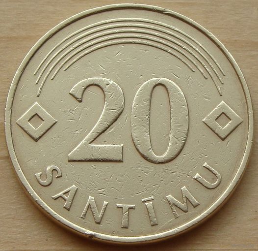 Латвия. 20 сантимов 1992 год  KM#22.1  "Не магнетик"