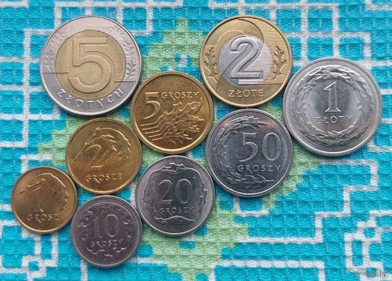 Польша набор монет 1, 2, 5, 10, 20, 50 грошей; 1, 2, 5 злотых, UNC. Новый тип.
