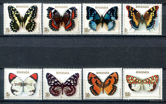 Руанда - 1979г. - Бабочки - полная серия, MNH, марка с номиналом 30 F с пятном на лицевой стороне [Mi 974-981] - 8 марок