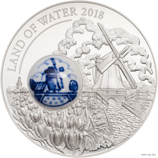 RARE Острова Кука 10 долларов 2018г. Royal Delft: "Страна воды". Монета в капсуле, подарочном футляре; номерной сертификат; коробка. СЕРЕБРО 50гр.