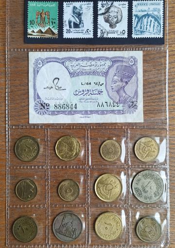 Монеты, банкнота, марки Египта. Подарочный набор.