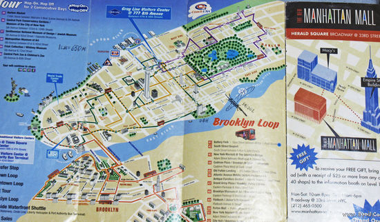 История путешествий: США. Нью-Йорк. Tours New York Sightseeing. Карта-схема Manhattan