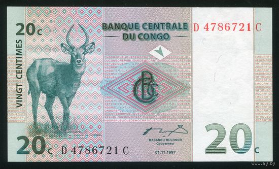 Конго 20 сантимов 1997 года. P83. Серия C. UNC