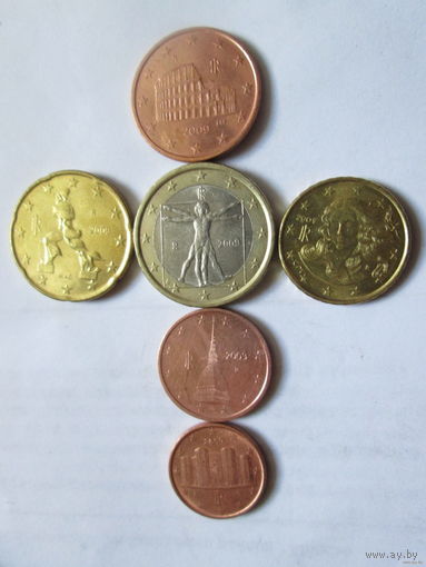 Набор евро монет Италия 2009 г. (1, 2, 5, 10, 20 евроцентов, 1 евро)