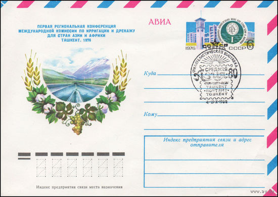 Художественный маркированный конверт СССР со СГ N 76-496 (18.08.1976) АВИА  Первая региональная конференция Международной комиссии по ирригации и дренажу для стран Азии и Африки  Ташкент. 1976