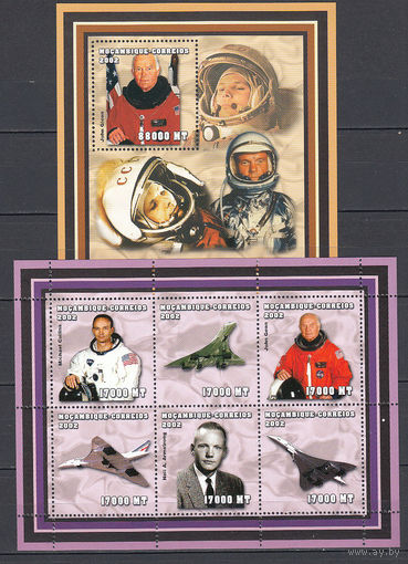 Космос. Гагарин и Гленн. Мозамбик. 2002. 1 малый лист и 1 блок. Michel N 2489-2494, бл157 (24,0 е)