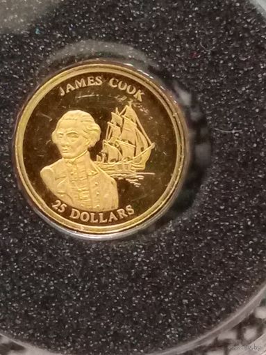 Либерия 25 долларов 2001 парусник Джеймса Кука золото