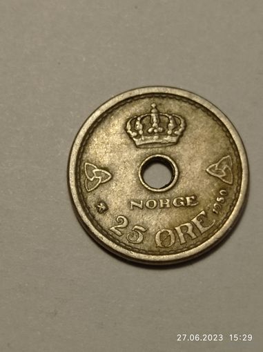 Норвегия 25 эре 1950 года .