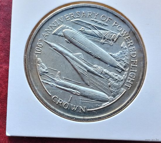 Остров Мэн 1 крона, 2003 100 лет со дня полёта моторного самолёта /самолёты. Монета в Холдере! и дирижабль/