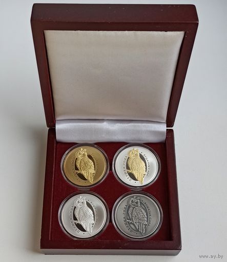 Ушастая сова, 10 рублей 2015, серебро, подарочный набор из 4 монет и деревянного футляра