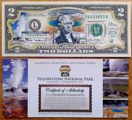 2 доллара Национальный парк YELLOWSTONE (цветные  с цветным сертификатом) UNC