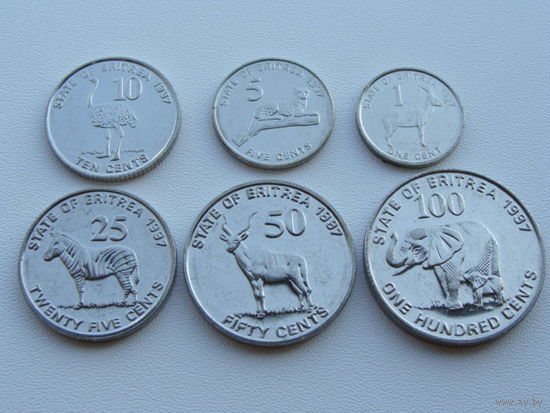 Эритрея. набор 6 монет 1,2,5,10,25,50,100 центов  1997 год