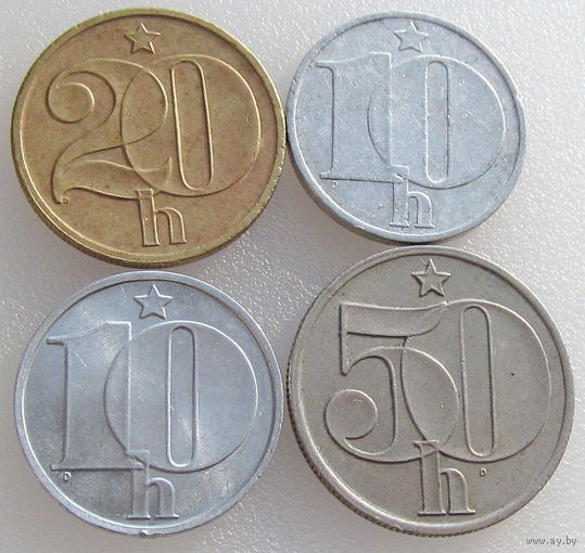 Четыре монеты Чехословакии: 10 геллеров 1978 и 1982, 20 геллеров 1977, 50 геллеров 1978