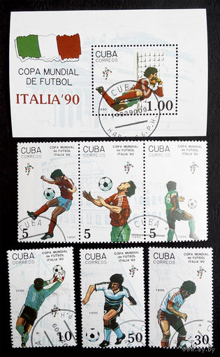 Куба 1990 г. Чемпионат Мира по Футболу. Италия 1990 год. Спорт, полная серия из 6 марок +Блок #0032-С1P7