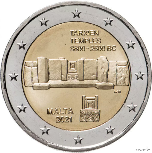 2 евро 2021 г. Мальта  Храмы Тарксиена UNC из ролла