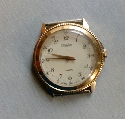 Часы наручные мужские "Слава" кварц, (на 8 рубинах), позолота 10 мкм, Сделано в СССР