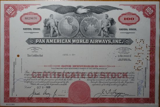 Акция сертификат компании Pan American World Airways 08.10.1968 г.
