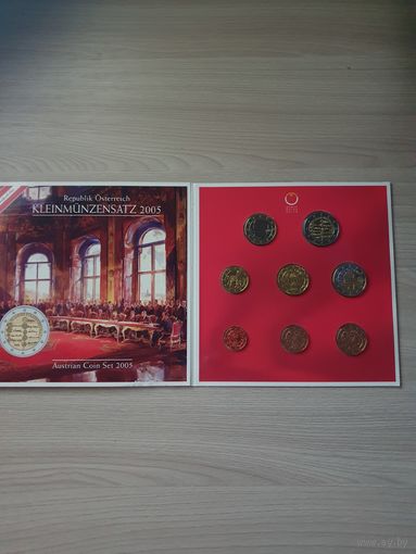 Австрия 2005 г. Официальный набор монет евро от 1 цента до 2 евро (50 лет договора о нейтралитете) (8 монет; 3,88 евро)