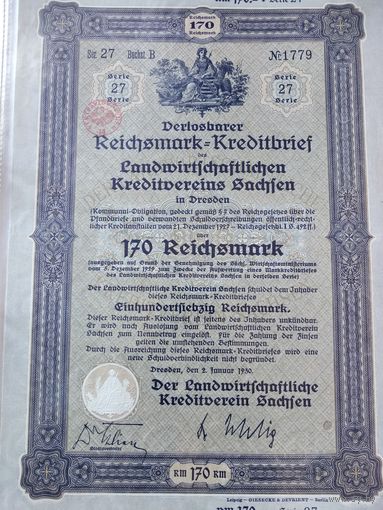 Германия, Дрезден 1930, Коммунальная Облигация, 170 Рейхсмарок, Водяные знаки, Тиснение. Размер - А4