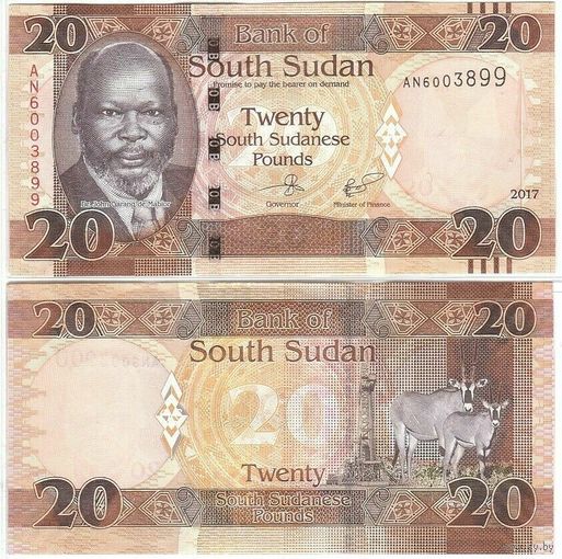 Южный Судан 20 фунтов образца 2017 года UNC p13c