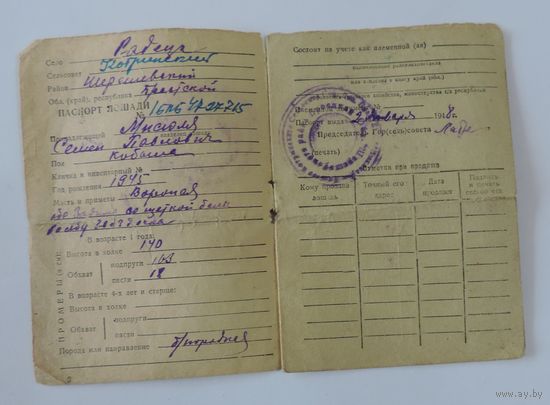 Паспорт лошади 1948г.