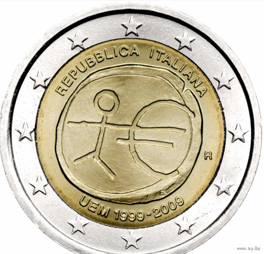 2 евро Италия 2009 10 лет Экономическому валютному союзу