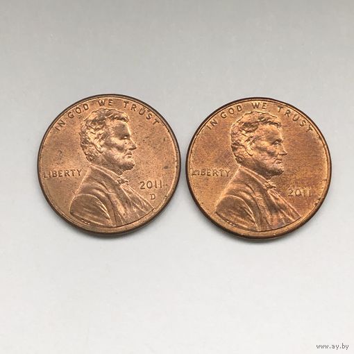 1 цент США 2011 - 2 монеты D и без знака