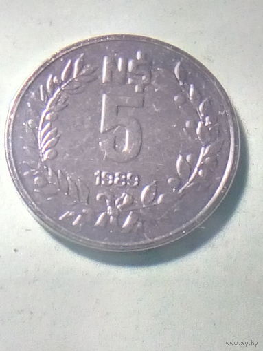 Уругвай 5 новых песо 1989 г.