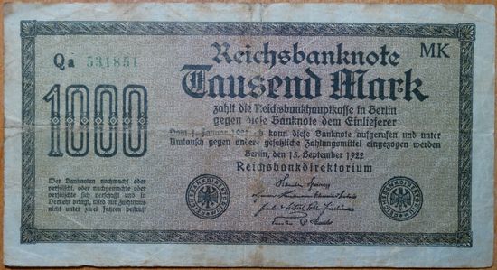 1000 марок 1922г. Берлин