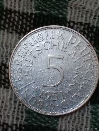 Германия 5 марок серебро 1951 D