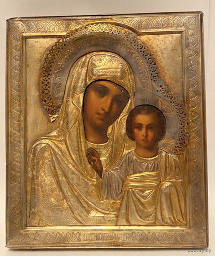 Икона Казанская божья матерь. Серебро 84 позолота . 19 век