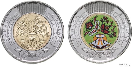 Канада 2 доллара 2023 День коренных жителей Канады, набор 2 монеты(цветная и простая)
