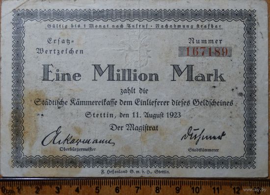 1 миллион марок 1923г. Штеттин (сегодня Щецин Польша)