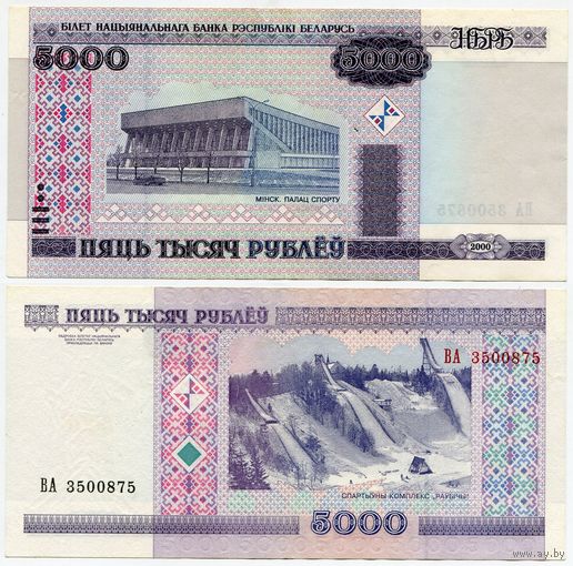 Беларусь. 5000 рублей (образца 2000 года, P29a, XF) [серия ВА]