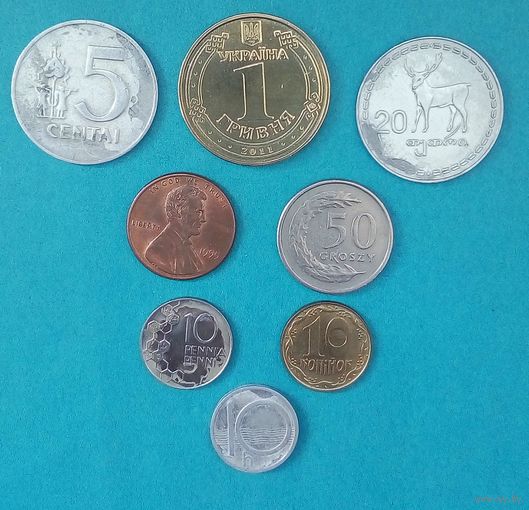 Монеты 7-и стран без повторов, России и СССР. Страны-Литва до ЕС, Украина (две разных), Польша, Финляндия, Чехословакия, США, Грузия.