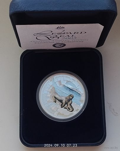 Серебро 0,999!  вес 31,1 грамм - 1 OZ. Австралия 1 доллар, 2005 Австралийская антарктическая территория - Морской леопард, в банковской упаковке, сертификат.