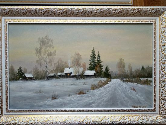 Картина маслом "Зимой в деревне"