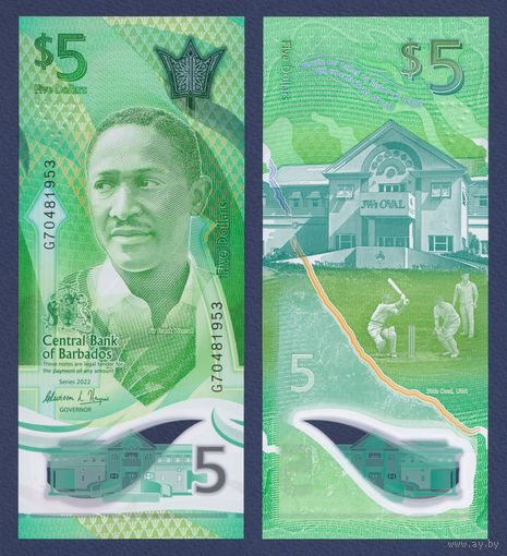 Барбадос, 5 долларов 2022 г., P-W81 (полимер), UNC
