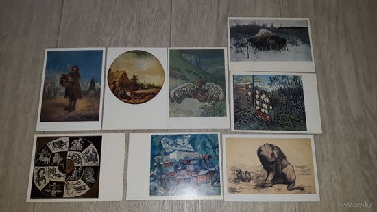 Животные и звери в живописи открытки СССР - лоси львы тигры гиены зодиак и др.