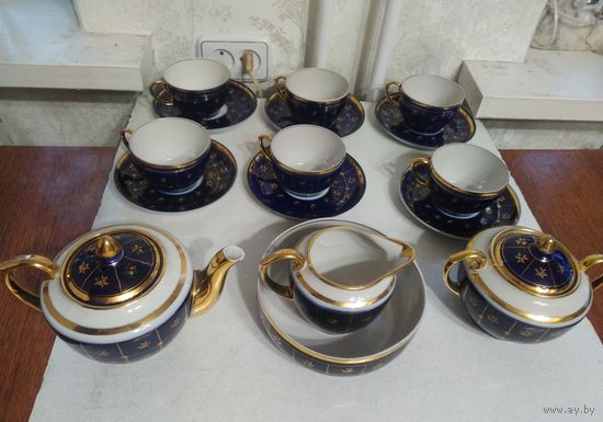 Сервиз чайный Золотая сетка Городница 1957 г.в. Фарфор Кобальт Позолота 16 предметов 6 персон