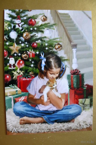 Современная открытка, Richard Macneil, чистая; Новый год, дети, кот.