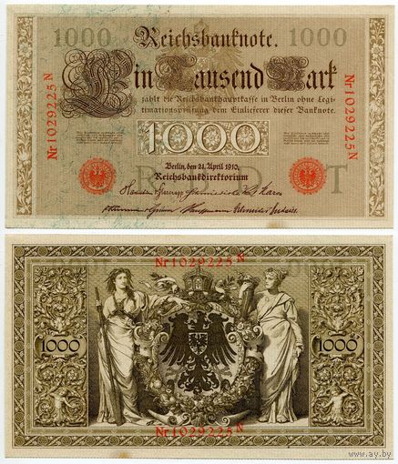 Германия. 1000 марок (образца 1910 года, P44b, оранжевая печать, aUNC)