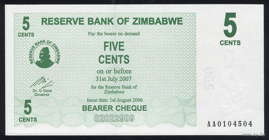 ZIMBABWE/Зимбабве_5 Cents_01.08.2006_Pick#34_UNC