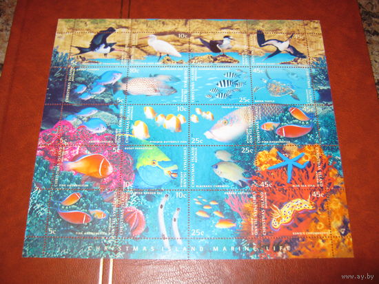 Рыбы, птицы, кораллы - морская флора и фауна - марки, блок, остров Рождества, 1998