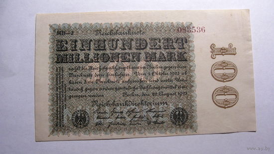 Германия Ro106.100 миллионов марок 1923 г. ( Серия в верхнем левом углу. Номер светло -КОРИЧНЕВЫЙ цвет - обычный размер)