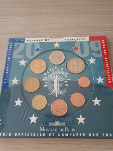 Официальный набор монет евро Франция регулярного чекана (8 монет) 2009 года в буклете.