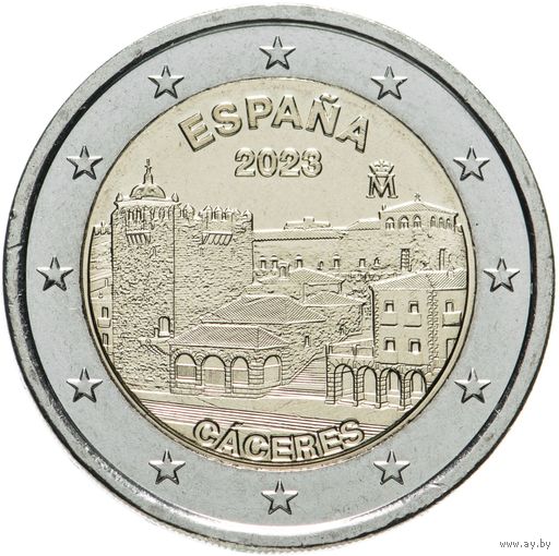 2 евро 2023 Испания Старый город Касерес  UNC из ролла