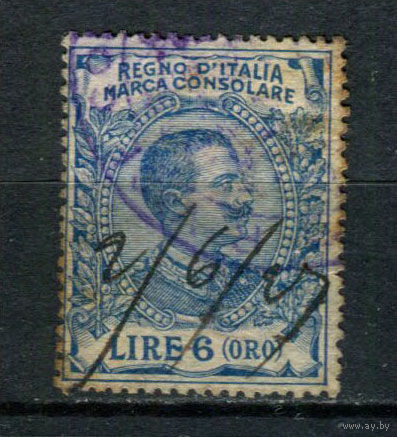 Королевство Италия - 1924 - Консульская фискальная марка - Виктор Эммануил III - 6L - 1 марка. Гашеная.  (Лот 36BH)