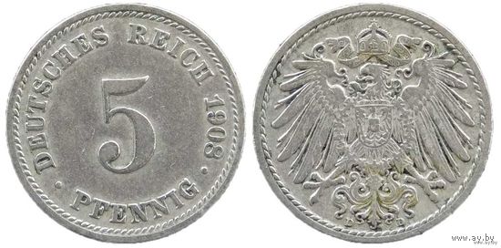 YS: Германия, Рейх, 5 пфеннигов 1908D, KM# 11 (1)