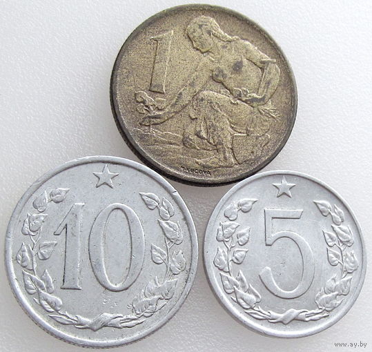 Три монеты Чехословакии: 5 геллеров 1975, 10 геллеров 1967, 1 крона 1969, состояние XF